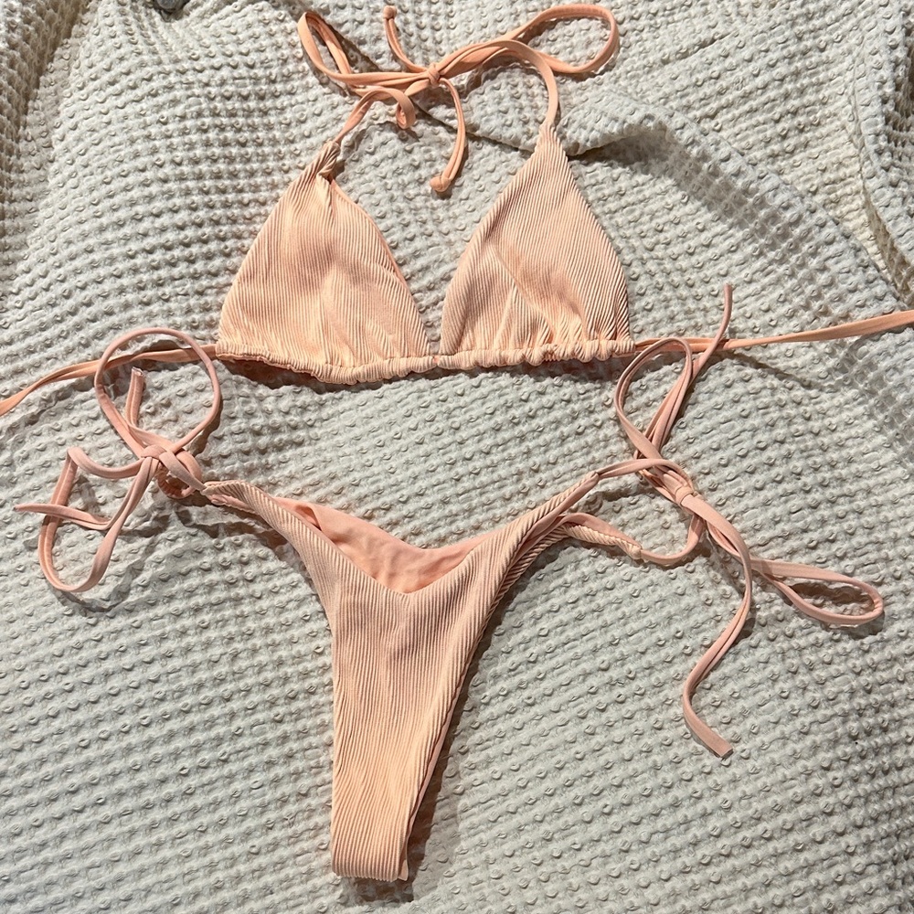 Ribbed Peach Triangle Tie-Side Bikini Set